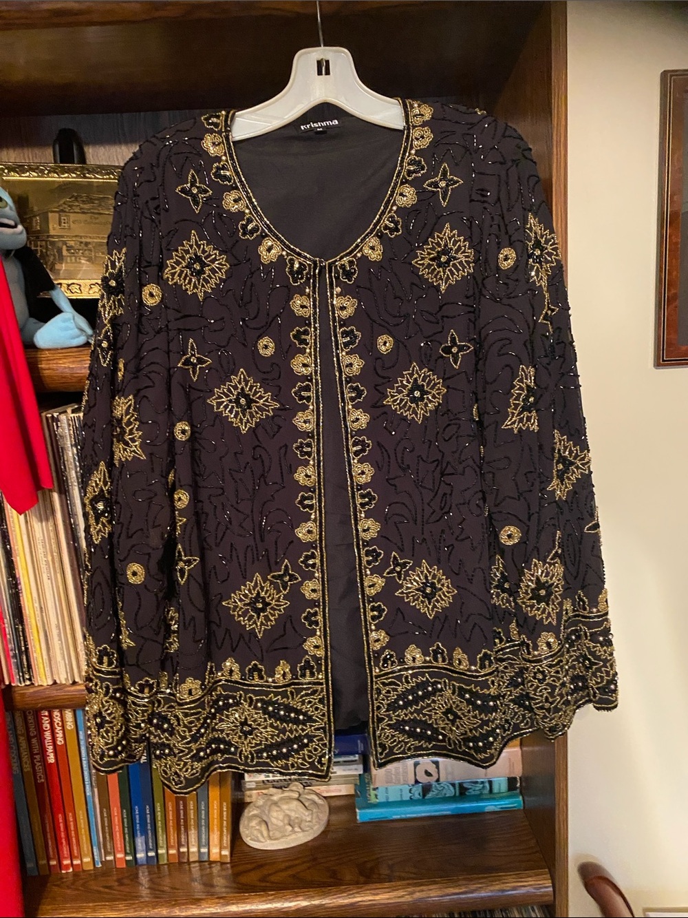 Beaded Open-Front Black Tunic with Gold Embroidery